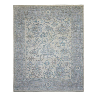 Oushak And Peshawar Wool Hand Knotted Rug Ivory Blue 7.10X10.0 -O070072