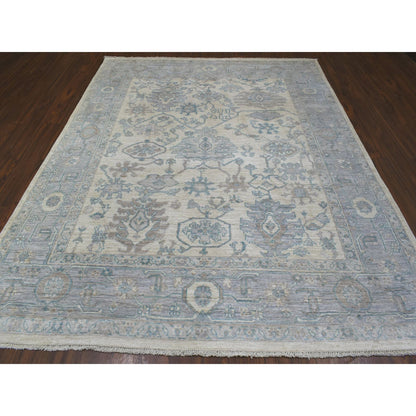 Oushak And Peshawar Wool Hand Knotted Rug Ivory Blue 7.10X10.0 -O070072