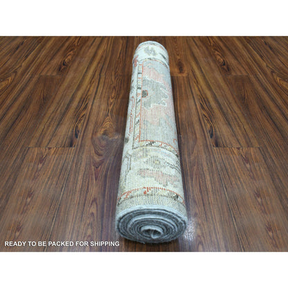 Oushak And Peshawar Wool Hand Knotted Rug Grey Ivory 2.7X9.8 -O070108