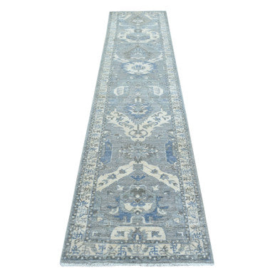 Oushak And Peshawar Wool Hand Knotted Rug Grey Ivory 2.5X11.7 -O070158
