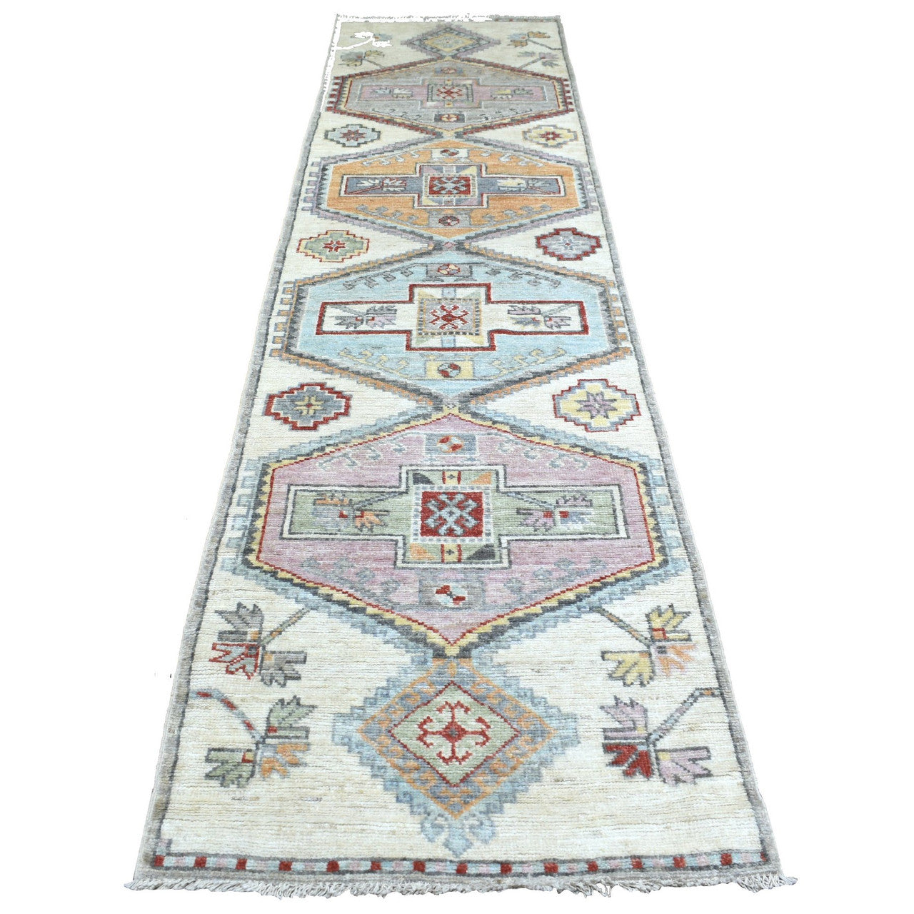 Gray 3'0" x 12'0" Tribal & Geometric Hand knotted Wool Rug - Sku: O070181
