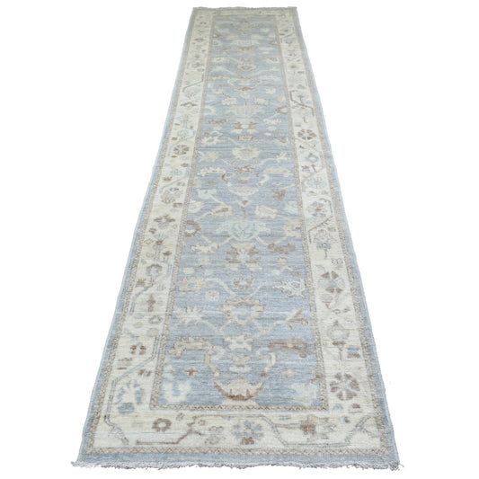 Oushak And Peshawar Wool Hand Knotted Rug Grey Ivory 3.0X13.7 -O070188