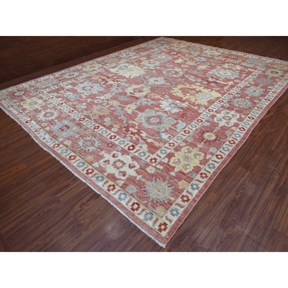 Oushak And Peshawar Wool Hand Knotted Rug Red Coral Red 11.7X14.6 -O070194