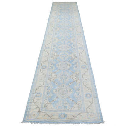 Oushak And Peshawar Wool Hand Knotted Rug Blue Beige 2.9X15.0 -O070267