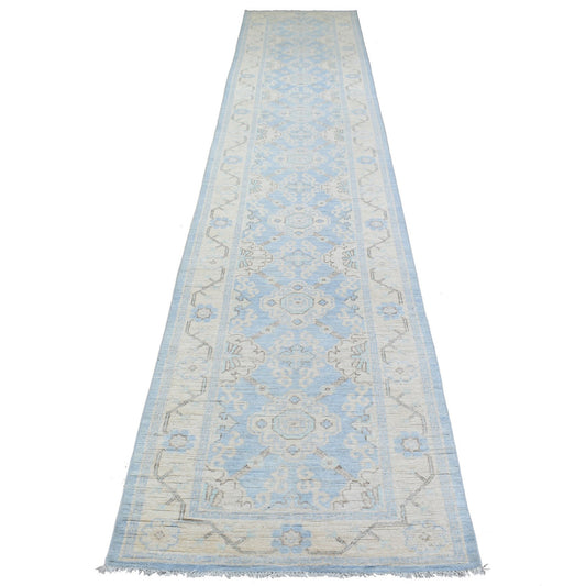 Oushak And Peshawar Wool Hand Knotted Rug Blue Beige 2.9X15.0 -O070267