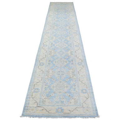 Oushak And Peshawar Wool Hand Knotted Rug Blue Beige 2.9X15.0 -O070267