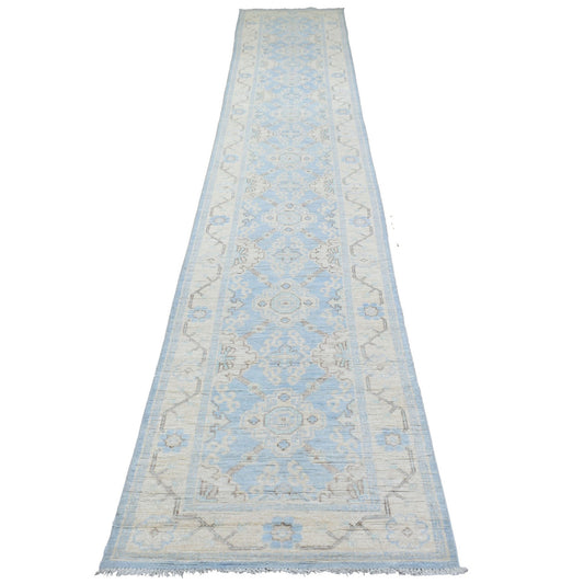 Oushak And Peshawar Wool Hand Knotted Rug Blue Beige 2.6X14.10 -O070273