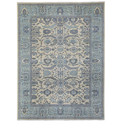Oushak And Peshawar Wool Hand Knotted Rug Ivory Blue 9.0X11.10 -O070317