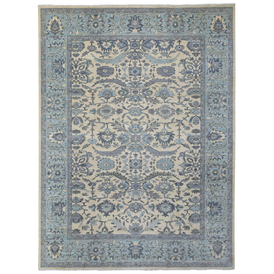 Oushak And Peshawar Wool Hand Knotted Rug Ivory Blue 9.0X11.10 -O070317