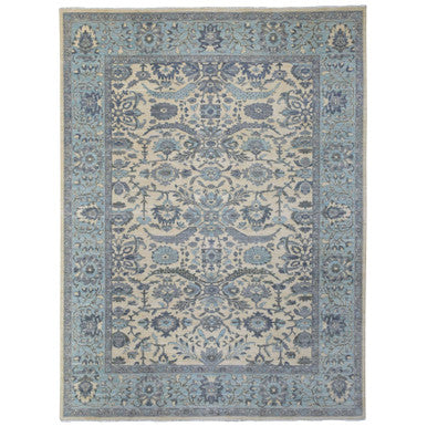 Oushak And Peshawar Wool Hand Knotted Rug Ivory Blue 9.0X11.10 -O070317