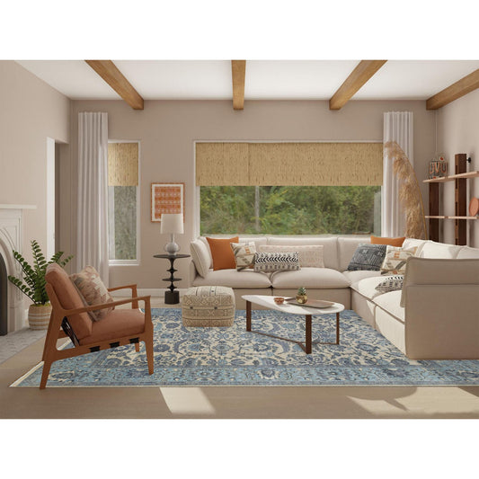 Oushak And Peshawar Wool Hand Knotted Rug Ivory Blue 9.0X11.10 -O070317