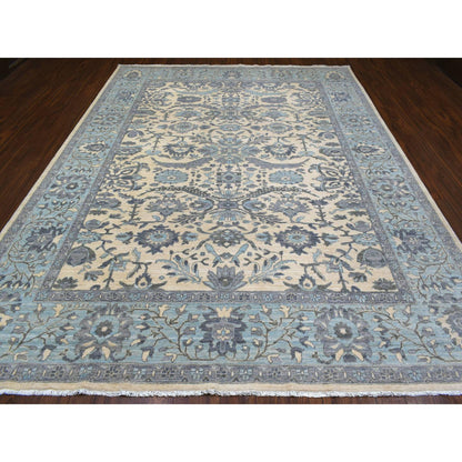 Oushak And Peshawar Wool Hand Knotted Rug Ivory Blue 9.0X11.10 -O070317