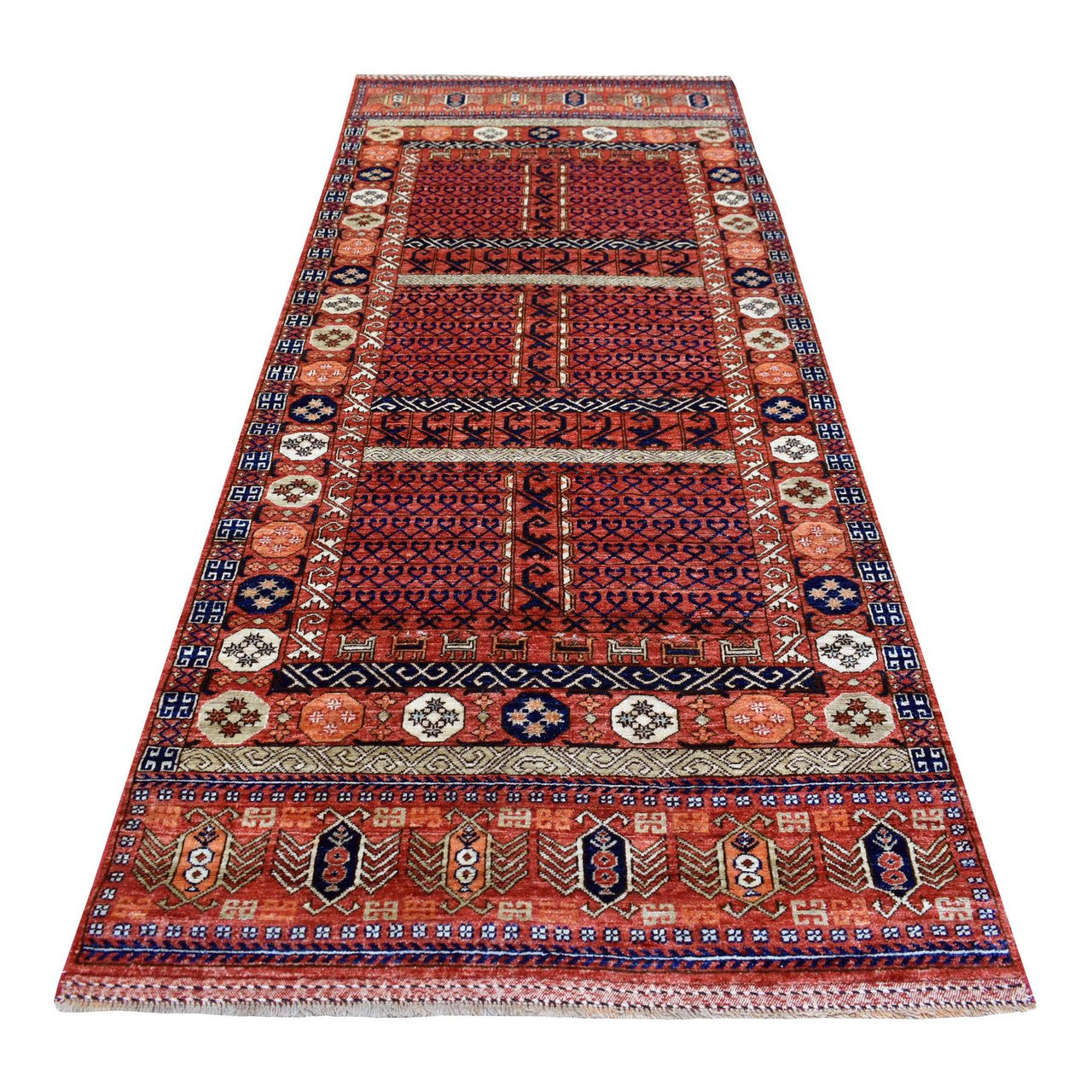 Red 4'1" x 10'2" Tribal & Geometric Hand knotted Wool Rug - Sku: O070357