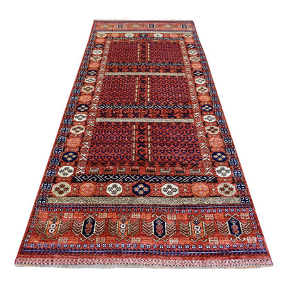 Tribal & Geometric Wool Hand Knotted Rug Red Red 4.1X10.2 -O070357