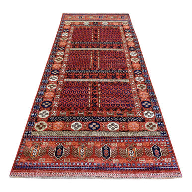 Tribal & Geometric Wool Hand Knotted Rug Red Red 4.1X10.2 -O070357