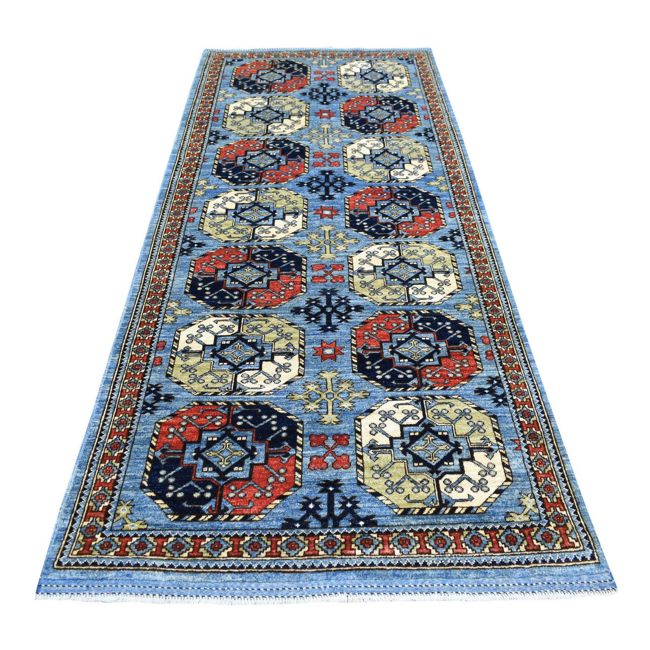 Blue 4'1" x 9'9" Tribal & Geometric Hand knotted Wool Rug - Sku: O070392