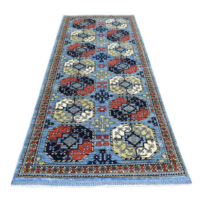 Tribal & Geometric Wool Hand Knotted Rug Blue No Border 4.1X9.9 -O070392