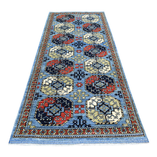 Tribal & Geometric Wool Hand Knotted Rug Blue No Border 4.1X9.9 -O070392