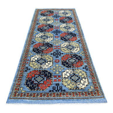 Tribal & Geometric Wool Hand Knotted Rug Blue No Border 4.1X9.9 -O070392