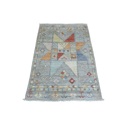 Tribal & Geometric Wool Hand Knotted Rug Grey Ivory 3.0X4.10 -O070455