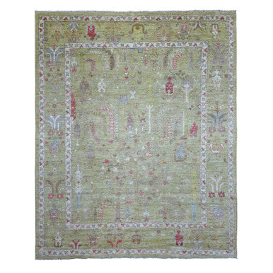 Oushak And Peshawar Wool Hand Knotted Rug Green Lime Green 8.0X9.9 -O070497