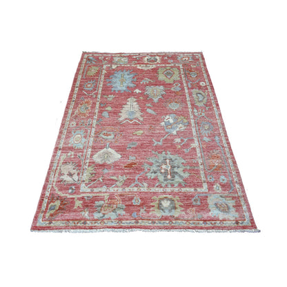 Oushak And Peshawar Wool Hand Knotted Rug Red Coral Red 4.3X6.1 -O070562