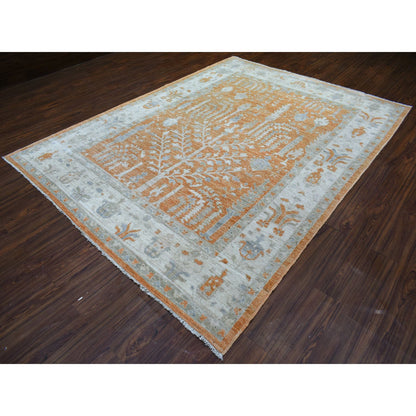Oushak And Peshawar Wool Hand Knotted Rug Orange Ivory 7.10X10.2 -O070575