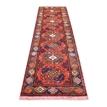 Tribal & Geometric Wool Hand Knotted Rug Red Coral Red 2.10X9.7 -O070612