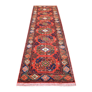 Tribal & Geometric Wool Hand Knotted Rug Red Coral Red 2.10X9.7 -O070612