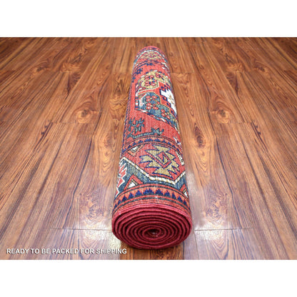 Tribal & Geometric Wool Hand Knotted Rug Red Coral Red 2.10X9.7 -O070612