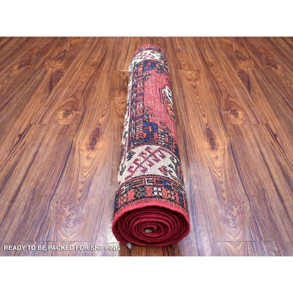 Tribal & Geometric Wool Hand Knotted Rug Red Ivory 2.9X9.10 -O070613