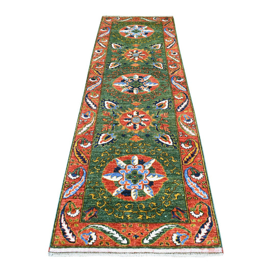 Tribal & Geometric Wool Hand Knotted Rug Green Coral Red 2.10X9.9 -O070619