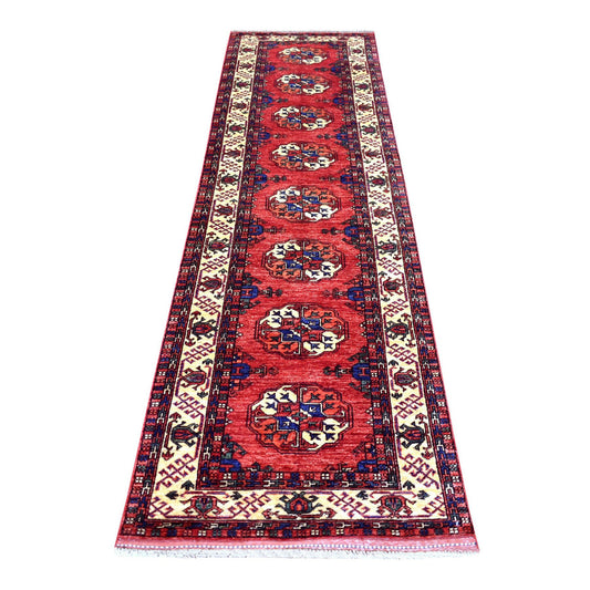 Tribal & Geometric Wool Hand Knotted Rug Red Ivory 2.8X9.7 -O070620