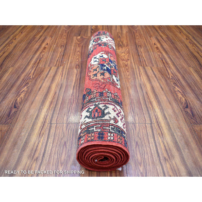 Tribal & Geometric Wool Hand Knotted Rug Red Ivory 2.8X9.7 -O070620