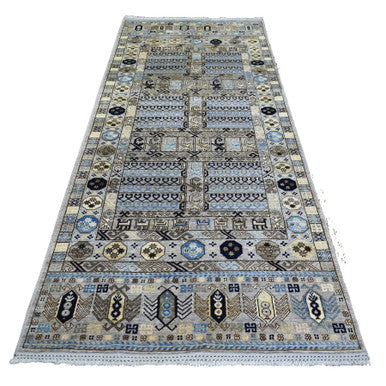 Tribal & Geometric Wool Hand Knotted Rug Grey Gray 4.1X9.7 -O070637
