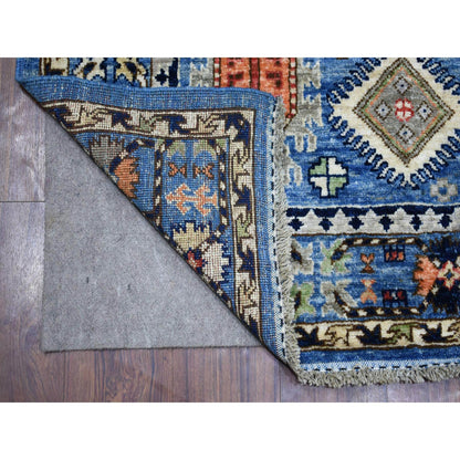 Tribal & Geometric Wool Hand Knotted Rug Blue Denim Blue 4.4X11.8 -O070638