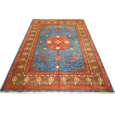Tribal & Geometric Wool Hand Knotted Rug Blue Red 5.9X7.10 -O070648