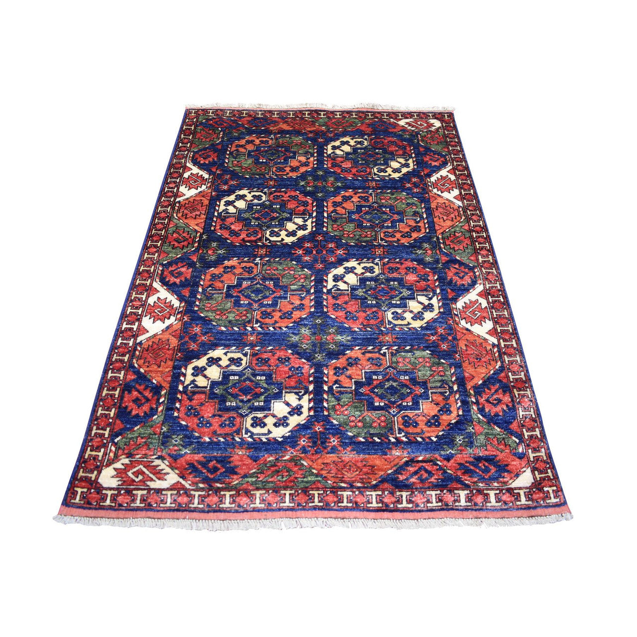 Tribal & Geometric Wool Hand Knotted Rug Blue Coral Red 4.0X5.9 -O070720