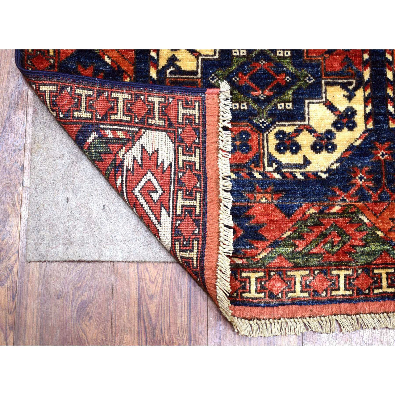 Tribal & Geometric Wool Hand Knotted Rug Blue Coral Red 4.0X5.9 -O070720