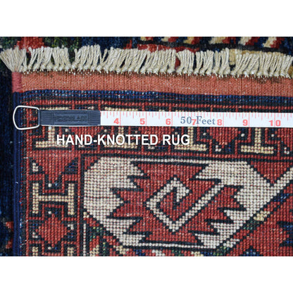 Tribal & Geometric Wool Hand Knotted Rug Blue Coral Red 4.0X5.9 -O070720