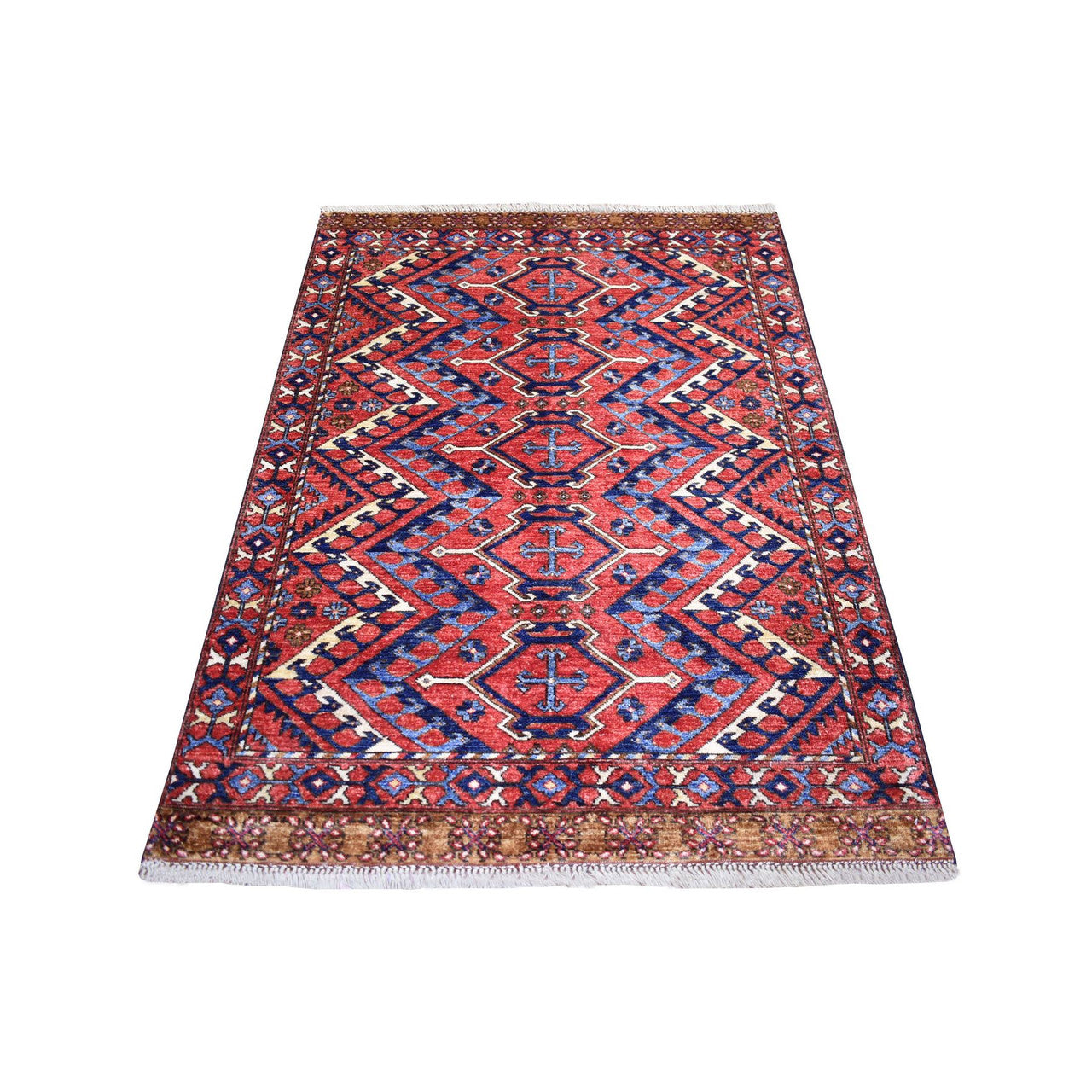 Tribal & Geometric Wool Hand Knotted Rug Red Coral Red 4.1X5.9 -O070725