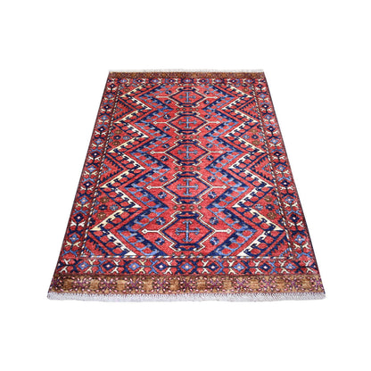 Tribal & Geometric Wool Hand Knotted Rug Red Coral Red 4.1X5.9 -O070725