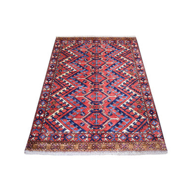 Tribal & Geometric Wool Hand Knotted Rug Red Coral Red 4.1X5.9 -O070725