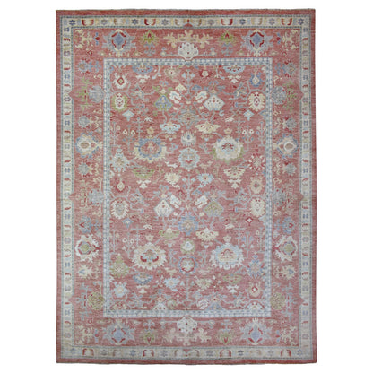 Oushak And Peshawar Wool Hand Knotted Rug Red Coral Red 12.0X16.0 -O070751