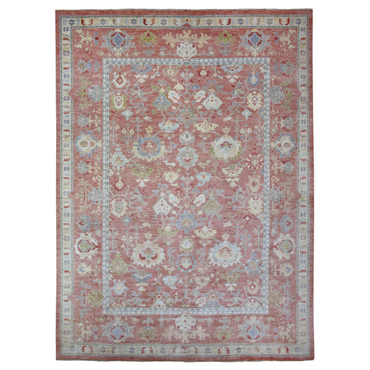 Oushak And Peshawar Wool Hand Knotted Rug Red Coral Red 12.0X16.0 -O070751