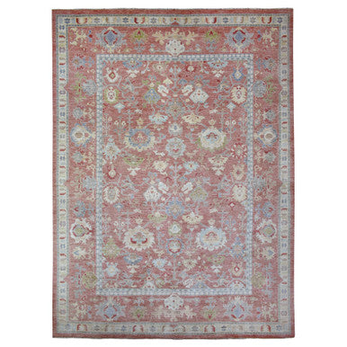 Oushak And Peshawar Wool Hand Knotted Rug Red Coral Red 12.0X16.0 -O070751