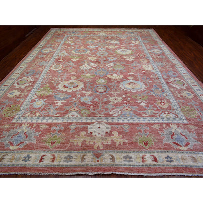 Oushak And Peshawar Wool Hand Knotted Rug Red Coral Red 12.0X16.0 -O070751