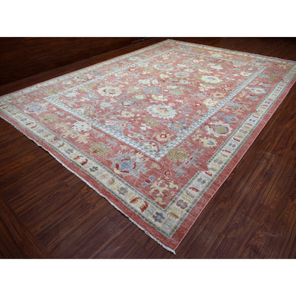 Oushak And Peshawar Wool Hand Knotted Rug Red Coral Red 12.0X16.0 -O070751