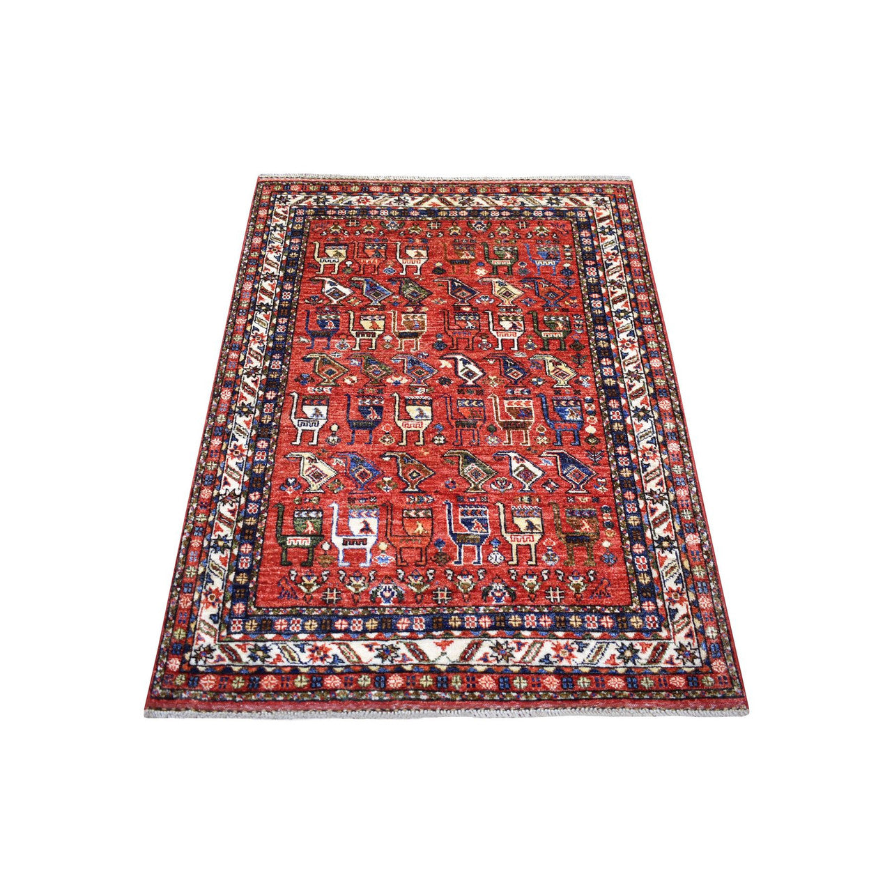 Tribal & Geometric Wool Hand Knotted Rug Red Ivory 3.7X4.9 -O070780