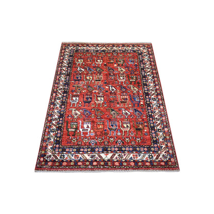 Tribal & Geometric Wool Hand Knotted Rug Red Ivory 3.7X4.9 -O070780